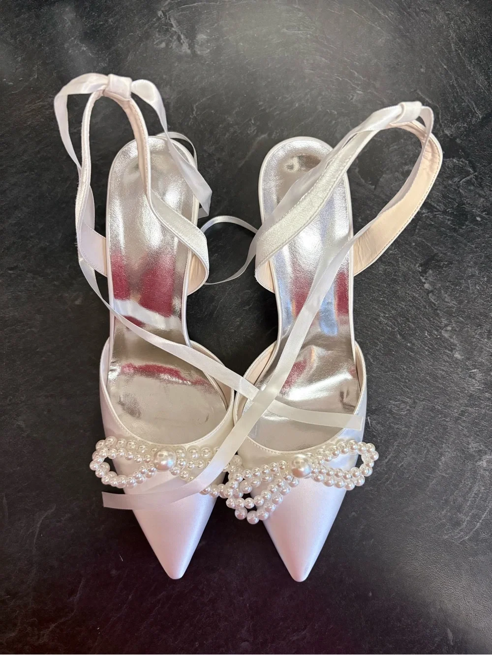 Pearl-Embellished Satin Pointed-Toe Pumps.